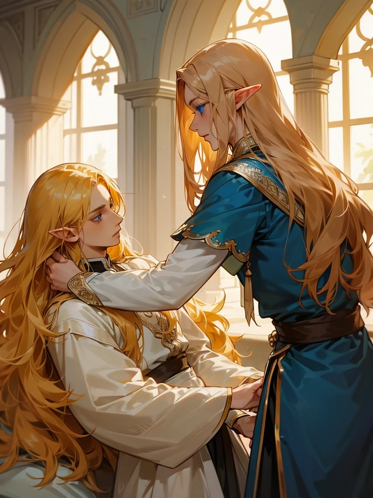 A male elf, noble, he has long wavy golden hair, blue eyes, and fair skin, Harassed by a soldier