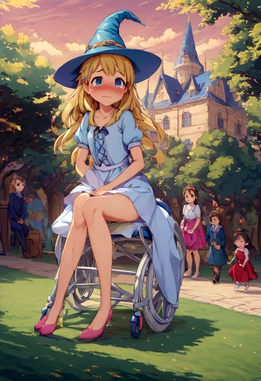 Anime. 1 girl. . Princess. Blonde. Long hair. Blue eyes. Beautiful eyes. Perfect eyes. Expressive eyes. Eyes covered with a faded film. Blind eyes. Blind. Ideal face. Ideal anatomical body. Beautiful long legs. Beautiful body. Beautiful nose. 12 ybarrassment. Blush. Beautiful character design. Shiny skin. Light white dress. Shoes. Hair decorations. Disabled person. Paralytic. Sitting. Wheelchair. Hands on crotch. Urinary incontinence. Wants to pee. She needs to pee. She has a strong, desperate urge to pee. He squeezes his crotch tightly. Rubs copper. Slight lean forward. She peed herself. Fantasy city. A park. Date. He takes off his wet panties. Tears in my eyes. Cry. Snot flows from the nose. Full body. nsfw. Official art. Extremely detailed CG Unity 8k wallpaper. Ideal lighting. Ultra high resolution 4K. Super detailed 8K. A high resolution.