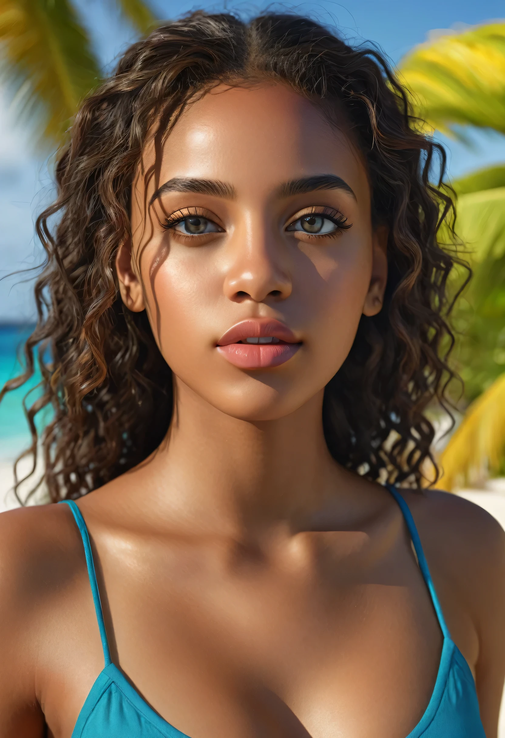 a beautiful mixed caribbean girl, extremely detailed full body, beautiful detailed eyes, beautiful detailed lips, extremely detailed hands and face, fit girl, (habits et lieu) vibrant colors, natural lighting, (best quality,4k,8k,highres,masterpiece:1.2),ultra-detailed,(realistic,photorealistic,photo-realistic:1.37),portrait,landscape