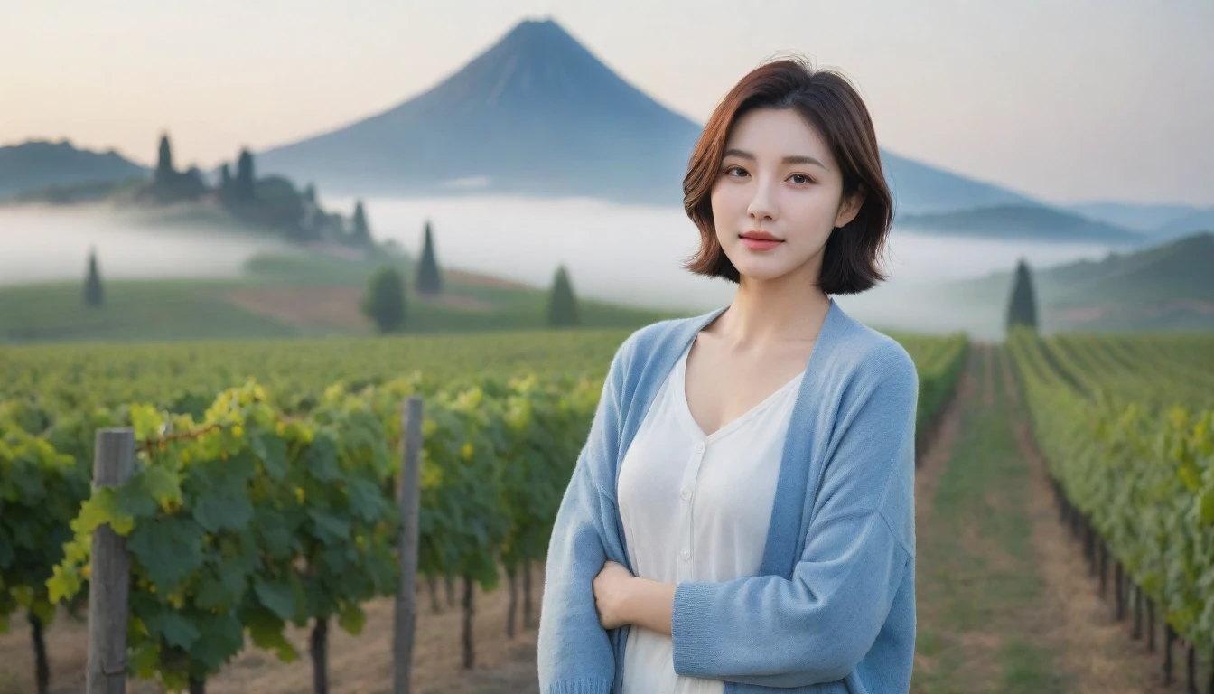 k Best picture quality, Beautiful 36-year-old Korean woman, short and nice weather. Chest size 34 inches, Dense fog at dawn in the Italian countryside, past the vineyard, The cathedral can be seen in the fog on a hill in the distance., The back background is realistic and vivid image quality, Short and medium hair blowing in the wind, Wear comfortable travel clothes, Casual pants and cardigan., a faint smile. the background is clear, Short and slim Korean woman, stand far away, Photo taken with a wide-angle lens