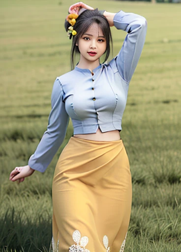 photorealistic, high resolution, masterpiec e best quality ultra-detailed, 1women. (m edium breast), hair bun, jesmine flower o n the head, mature female, solo, hips up, (wearing acmmsayarma outfit, acmmsaya rma blue top with buttons, long sleeves), ((acmmsayarma yellow long skirt)  dress 