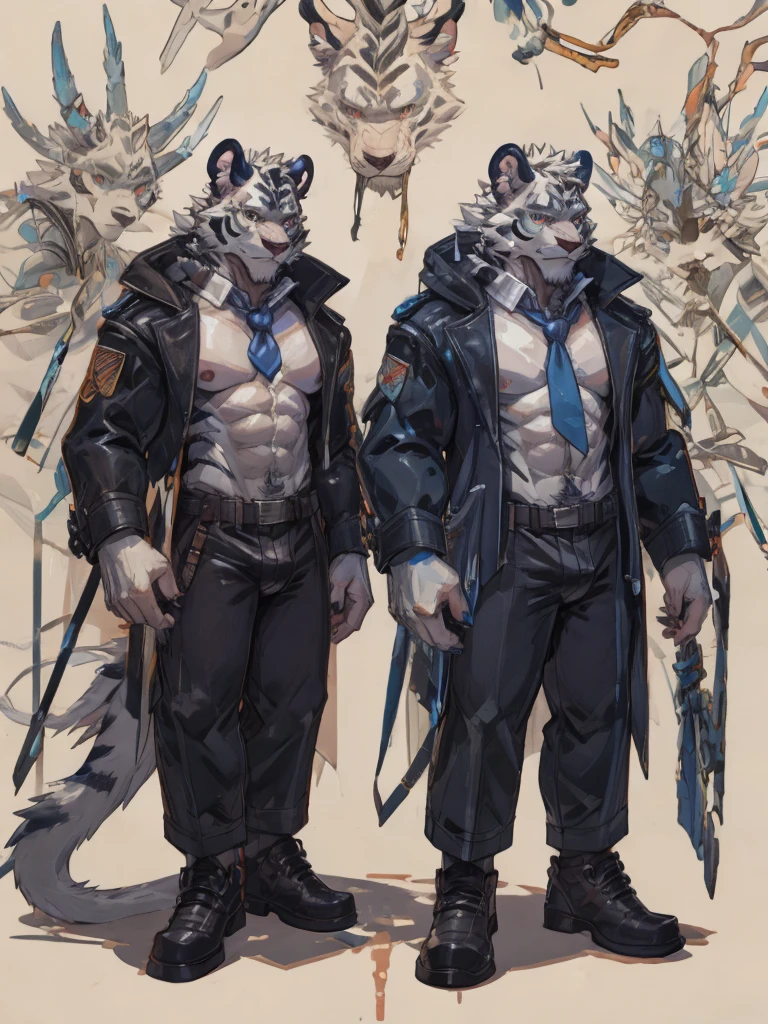 {{bara extremely handsome white tiger,}} {{white fur,}} white, wearing elegant ornate suit jacket, trousers, white dress shirt and necktie, white fluffy furry body and limbs, loafers, very tall, very broad shoulders, narrow waist, muscular arms, massive pecs, purple eyes, very long legs, massive bulge, sophisticated hot look, full body, 3/4 view, best quality, high quality, silver earring on left ear, sultry smirk, multiple views, character sheet