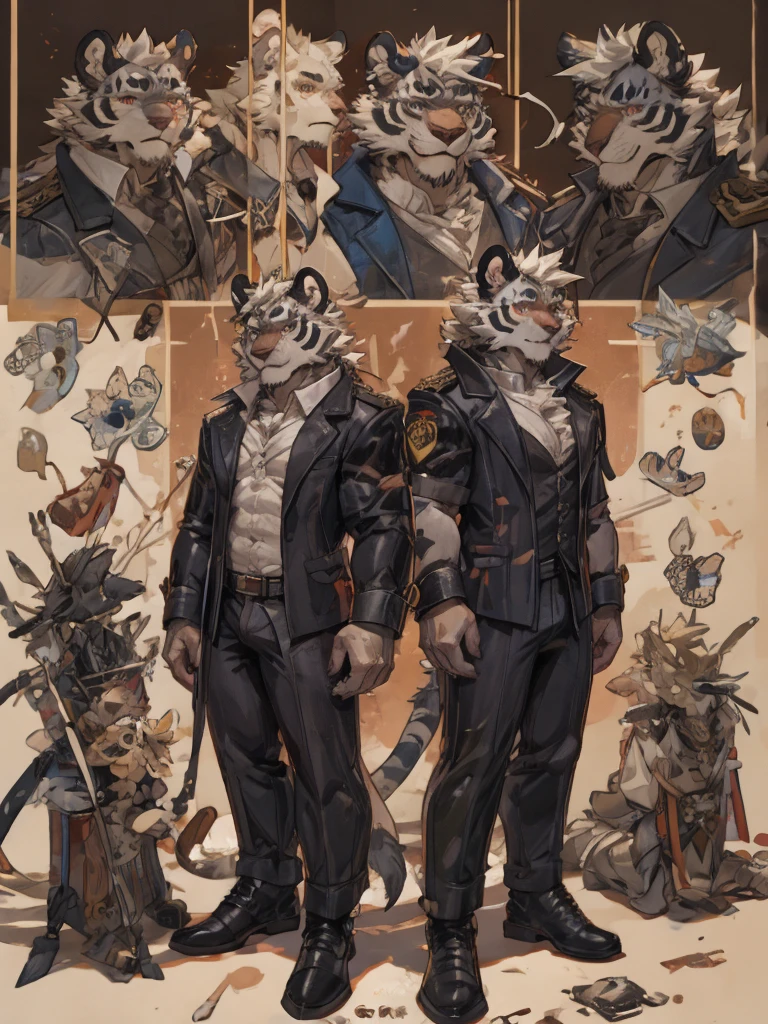 {{bara extremely handsome white tiger,}} {{white fur,}} white, wearing elegant ornate suit jacket, trousers, white dress shirt and necktie, white fluffy furry body and limbs, loafers, very tall, very broad shoulders, narrow waist, muscular arms, massive pecs, purple eyes, very long legs, massive bulge, sophisticated hot look, full body, 3/4 view, best quality, high quality, silver earring on left ear, sultry smirk, multiple views, character sheet