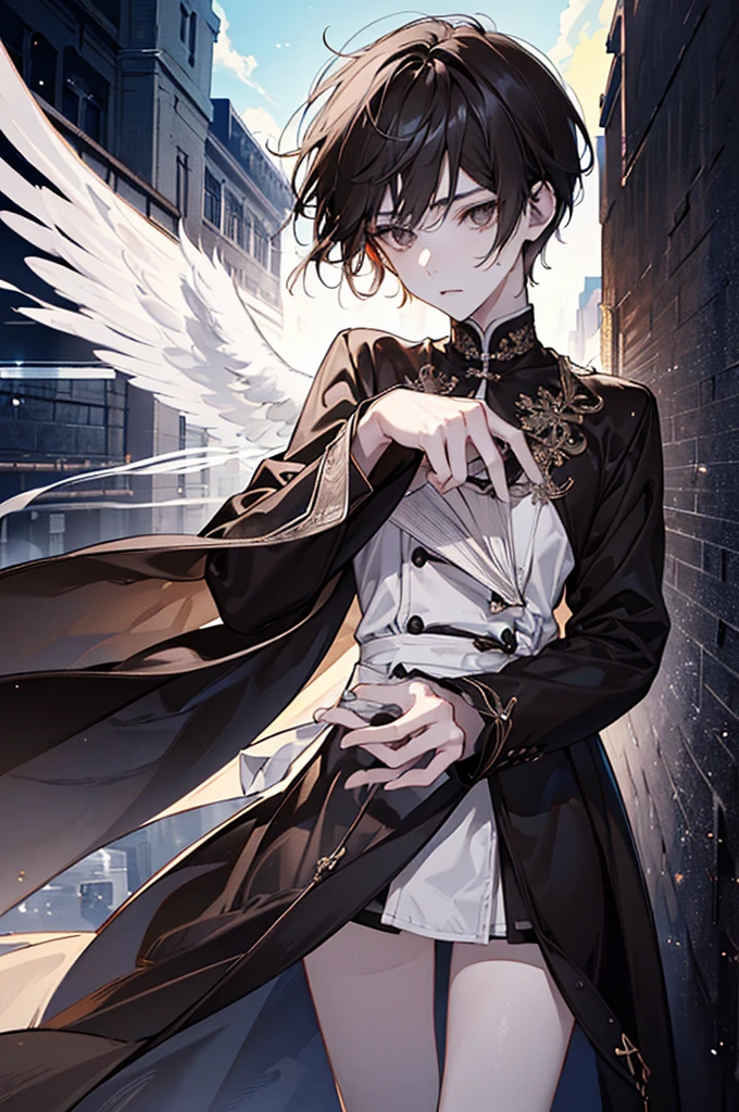 (teenage men),(thin),(white skin),(angels),(black),(Short, dark brown hair),(Dusky brown eyes),(black hand),(ชุดจีนblack),(ชุดยุโรปblack),(luxury)