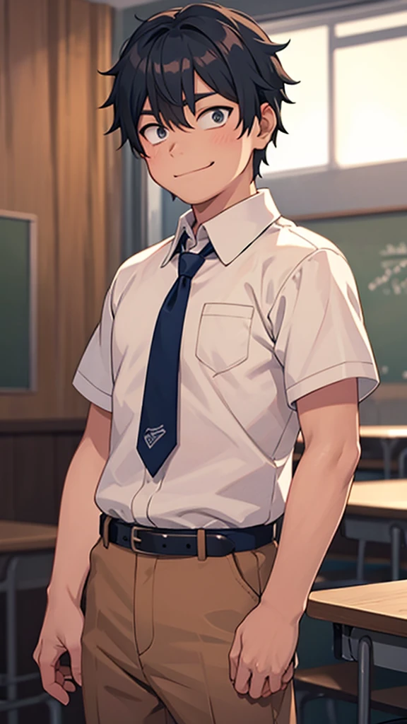 1 boy,shy smile,black eyes,,white open collared shirt,Short sleeves,black slacks,belt,School zone,(detailed eyes),detailed skin,masterpiece