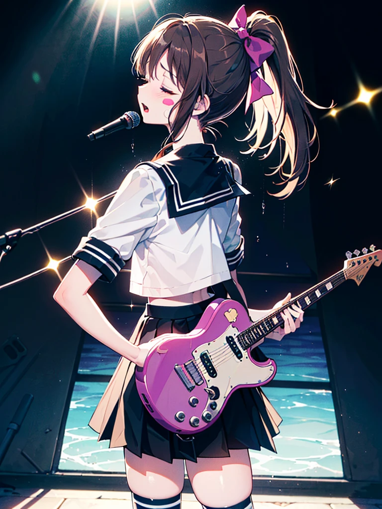 ((((Sharp focus,Vaporwave,Depression angle 30 degrees, closed eyes,opened mouth,blush stickers,))))((microphone,standing microphone,singing,fashion design,guitar,electric guitar,playing guitar,))(Masterpiece illustration,Beautiful and aesthetic:1.2,Dramatic composition:1.2), Best quality,Top quality, Epic quality,((forest,norwegian forest,raining,raind,)(Sun glare, Bokeh, Depth of field, The background is blurred out, Light particles, neo-classical, OP Art, god light,))Neat face,,Young,Beautiful detailed hair,brown hair,hyper HD, retinas, Textured skin, A high resolution, 16k ,((ponytail,long hair,Large bow on ponytail)),Detailed face, 1JK, 1girll,Solo, Perfect face, Very amazing girl,(black sailor uniform,White sailor tie at front,zettai ryouiki),The light from the back window is backlighted,rim-light,