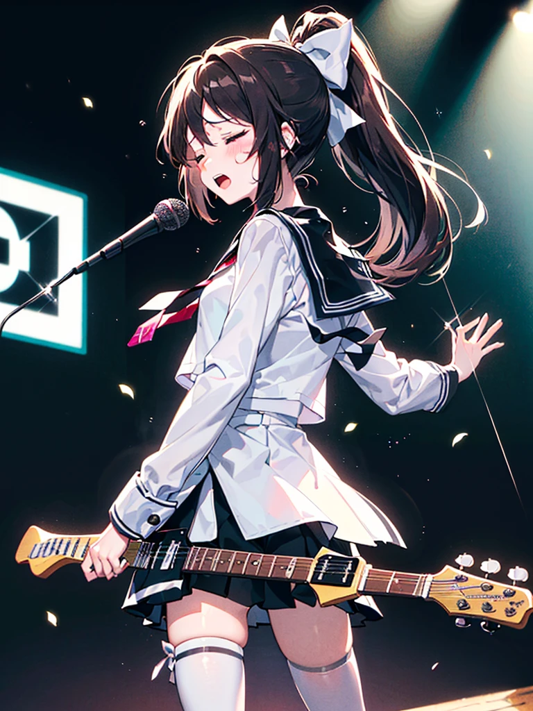 ((((Sharp focus,Vaporwave,Depression angle 30 degrees, closed eyes,opened mouth,blush stickers,))))((microphone,standing microphone,singing,fashion design,guitar,electric guitar,playing guitar,))(Masterpiece illustration,Beautiful and aesthetic:1.2,Dramatic composition:1.2), Best quality,Top quality, Epic quality,((forest,norwegian forest,raining,raind,)(Sun glare, Bokeh, Depth of field, The background is blurred out, Light particles, neo-classical, OP Art, god light,))Neat face,,Young,Beautiful detailed hair,brown hair,hyper HD, retinas, Textured skin, A high resolution, 16k ,((ponytail,long hair,Large bow on ponytail)),Detailed face, 1JK, 1girll,Solo, Perfect face, Very amazing girl,(black sailor uniform,White sailor tie at front,zettai ryouiki),The light from the back window is backlighted,rim-light,