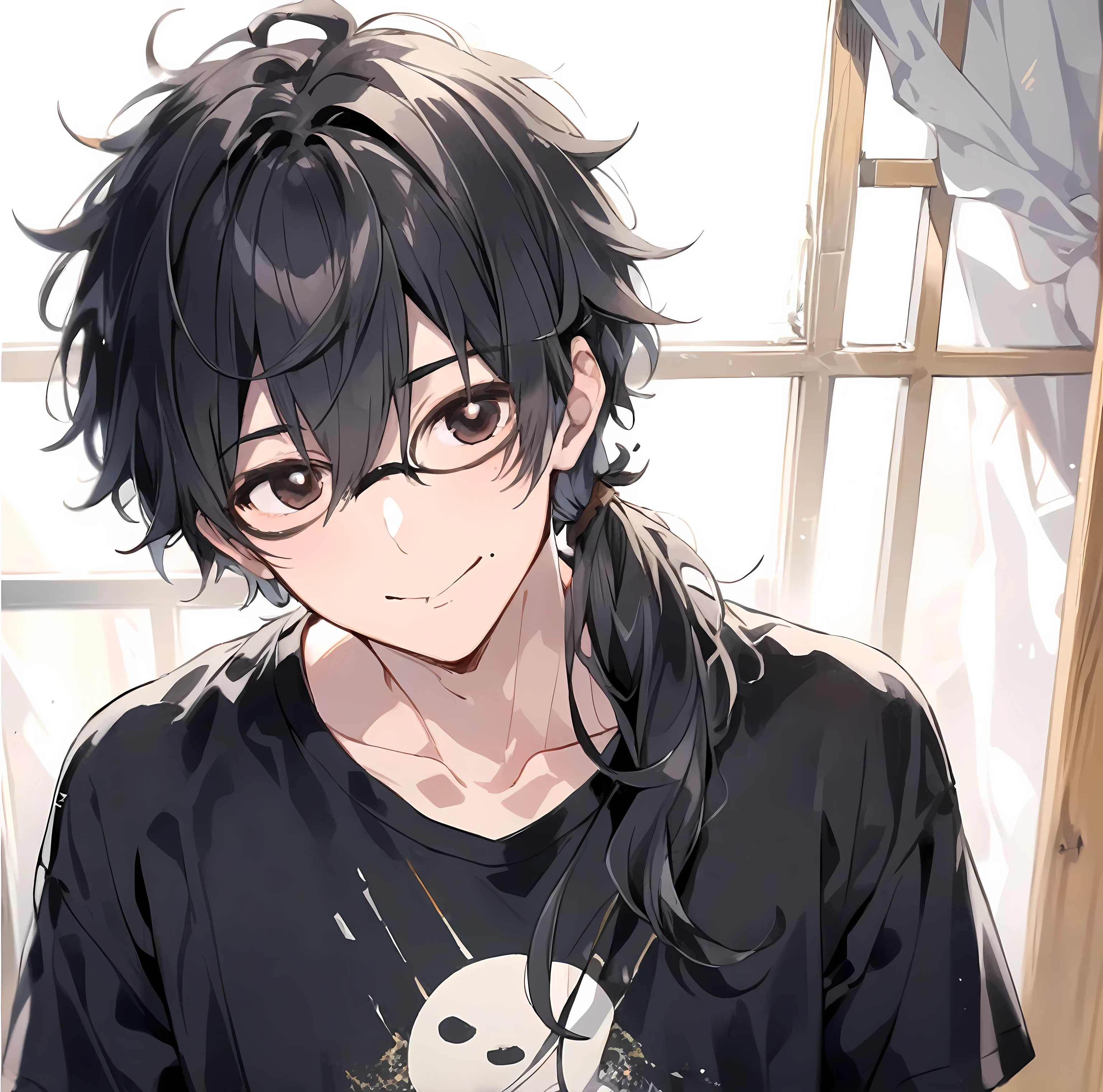 ((masterpiece)), ((1boy)), ((solo)), ((Her black hair is tied in a ponytail)), ((Brown glasses)), ((Black brown eyes)), ((FAQ)), ((Mole in the lower left of the mouth)), ((Black T-shirt)), ((A slightly timid young man)), ((Super detailed))