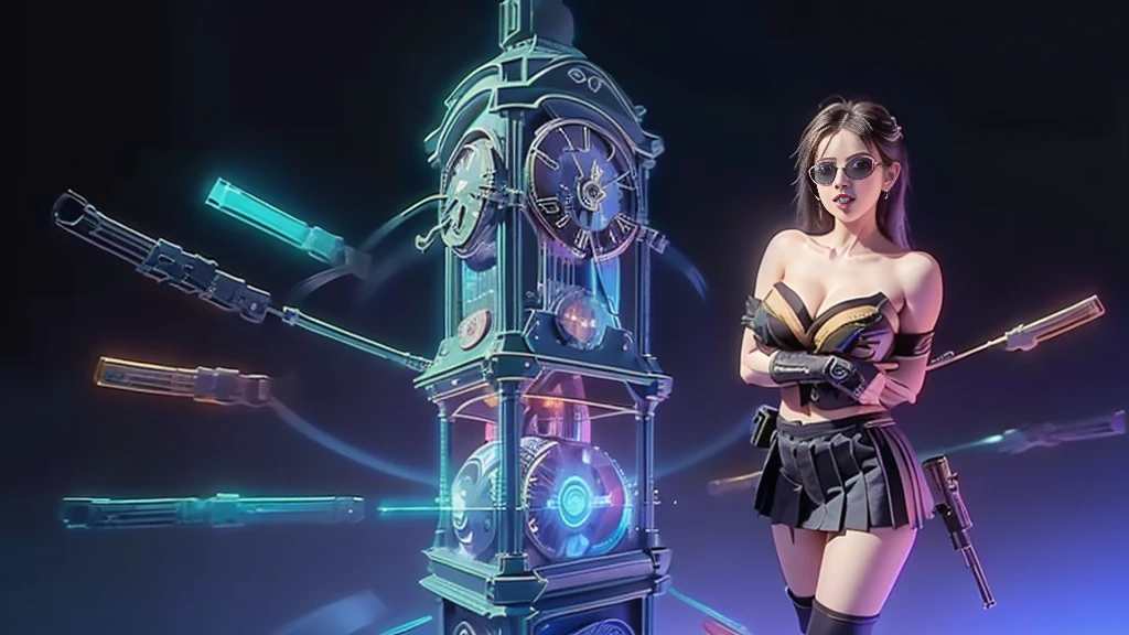 (aerial view). at night, futuristic sci-fi cyberpunk city, broad viaduct, skyscrapers at the end of the viaduct, the movie "13th Floor" style, (((((voltex-spirit-spreading giant clock tower as time machine))))), hq. Matrix style, at night, (1girl, solo), photo realistic, (large-breast:1.2 slim body, cleavage:1.3), (((tube top, extreamly short pleated (((miniskirt)))))), (((((matrix style black sunglasses))))), (((((aiming at camera with a (short:0.8 pistol)))))), (((half-body (thigh level) medium shot))), (cinematic lighting).