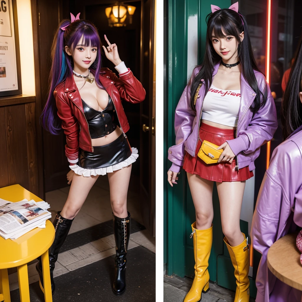 best quality,In 4K,beautiful girl,gravure idol,Model,red,purple,Green clothing,smile,highest quality,big breasts,hyper real stick、She has her bangs down,beautiful girl,Maid clotheasterpiece,perfect face,perfect breasts,long hair,Outstanding style,stimulating,Cute outfits,Horny girl,double eyelid,Naughty Girls,Erotic and cute,mini skirt,ribbon on uniform,colorful hair color,yellow eyes,leather jacket,horny girl,Knee-high boots,
Colorful,Multicolor,future fashion