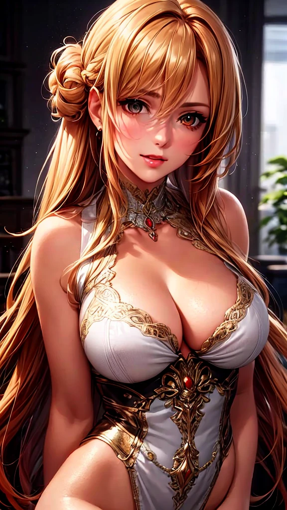 (Highest quality, High resolution, Realistic), Portraiture, Elegant mature woman, Long Straight Hair,Crown Half Up,Orange eyes,Orange Hair, Large Breasts, Ultra-detailed CG 8k, Beautiful CG, Soft Light