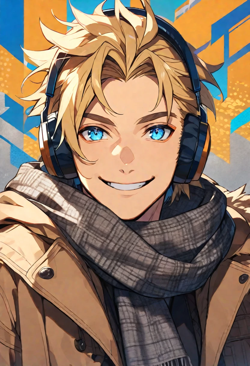 Solo, male, blonde hair, blue eyes, brown fur coat, gray scarf, headphone, smile facial