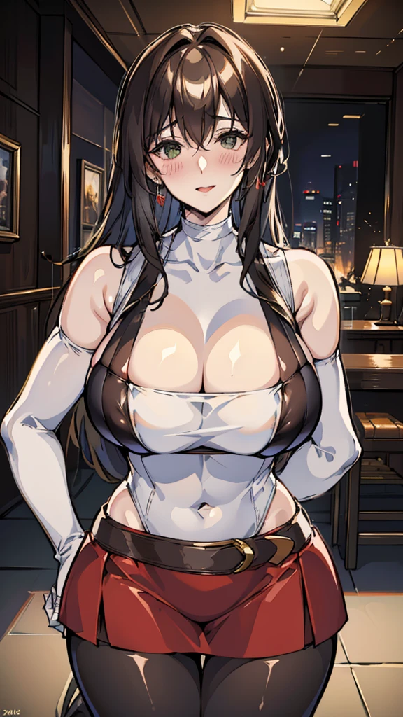 25-year-old wife，light brown hair，side braid，Smile，Large Breasts，cleavage，Sheer red sleeveless top，Leave space in the middle to reveal cleavage，Soaked all over，Blushing，green eyes，Female spy，Red miniskirt，White gloves，White hand sleeves，White boots，Science fiction，Future，Inside the combat robot warehouse，robot driver，There is a pistol on the back belt，No bangs，Wearing earrings only on one side，leather neck brace，There is a belt around the waist，computer room