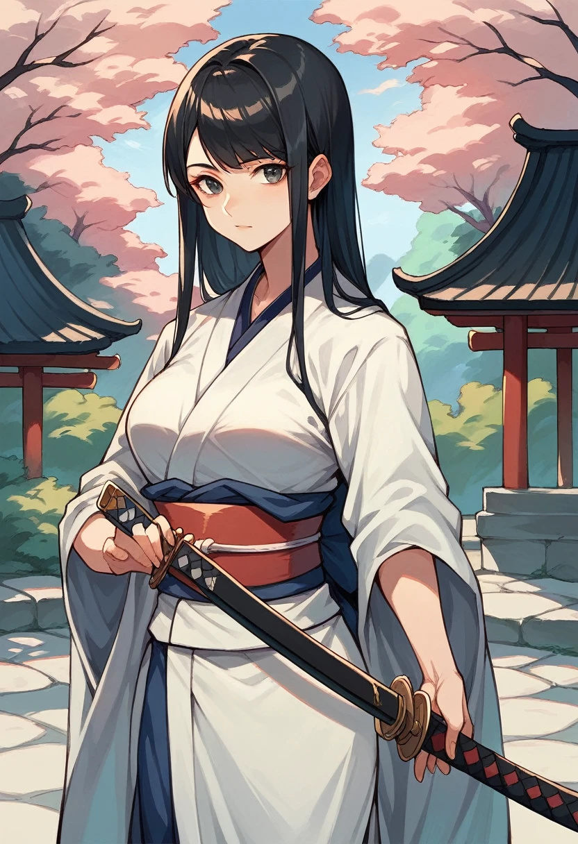 A beautiful Japanese female warrior with long black hair, wearing traditional samurai armor. She is holding a katana and standing proudly in a serene Japanese garden.
