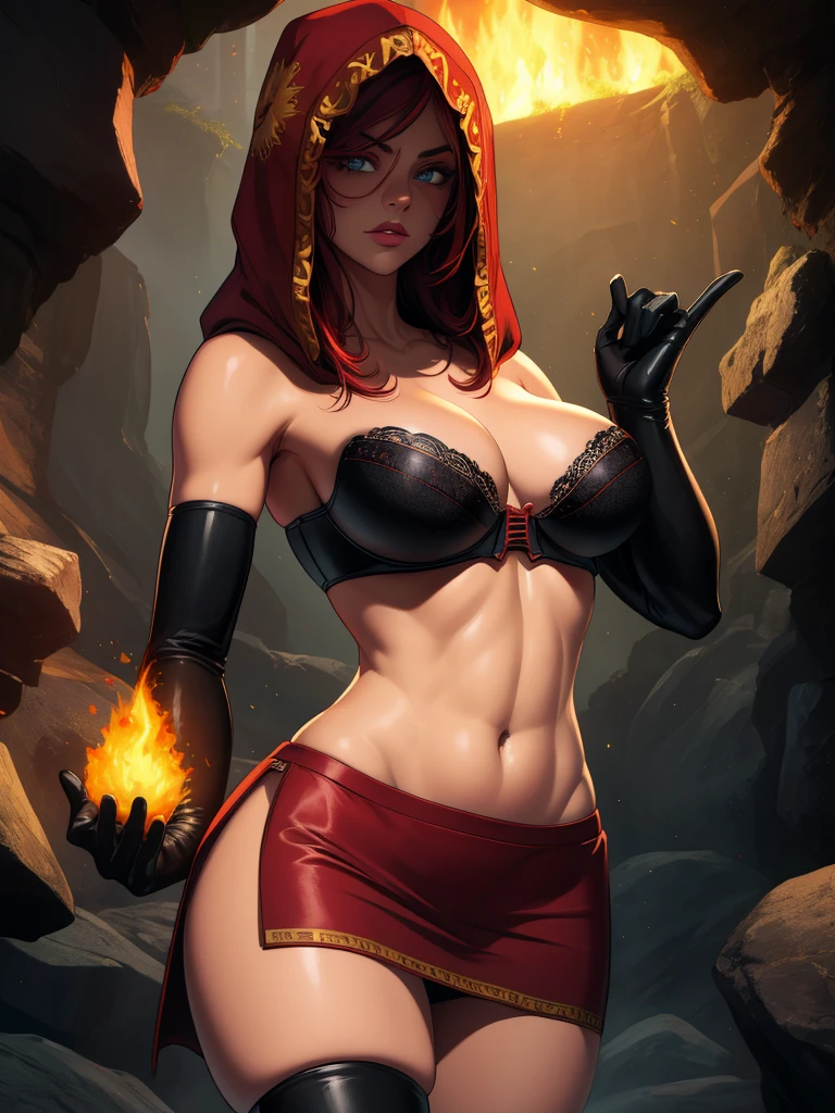 Dsorceress, redhair, shadowy face,dark cave, fire, hood, shadowed face, strapless bra, slim and athletic body, miniskirt, no panty, elbow gloves, dark skin, 1 girl (insanely detailed, masterpiece, best quality)