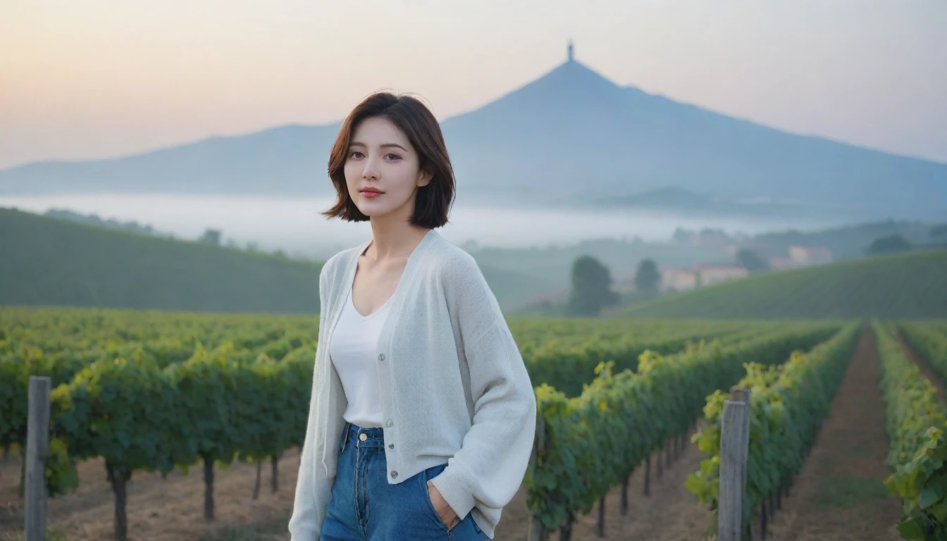 k Best picture quality, Beautiful 36-year-old Korean woman, short and nice weather. Chest size 34 inches, Dense fog at dawn in the Italian countryside, past the vineyard, The cathedral can be seen in the fog on a hill in the distance., The back background is realistic and vivid image quality, Short and medium hair blowing in the wind, Wear comfortable travel clothes, Casual pants and cardigan., a faint smile. the background is clear, Short and slim Korean woman, stand far away, Photo taken with a wide-angle lens