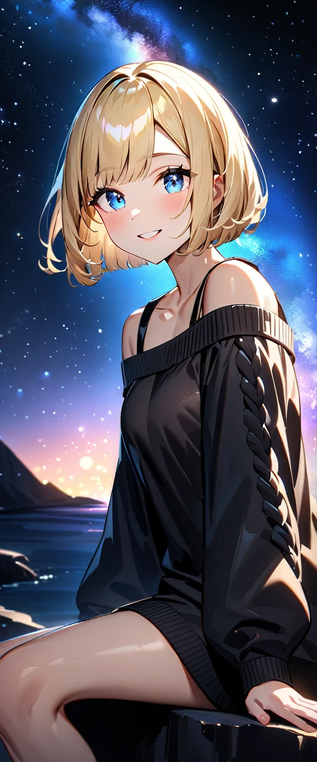 ((reaching)), (((focus on face))), ((extreme close up face)), (((a beautiful starry sky, the Milky Way shining beautifully in the night))), ((off-shoulder sweater:1.3, Quite thick shoulder straps)), ((black sweater)), ((Aran sweater)), ((((from side)))), ((sitting on the very high cliff)), wavy hair, inward curled hair, sea, ((blond hair, bob cut:1.3)), breasts, teenager, (looking at viewer), oversized clothes, puffy long sleeves, collarbone, head tilt:1.3, (((blue eyes))), happy smile, (((anime style))), (best quality, 4K, 8K, highres, masterpiece:1.2, ultra-detailed, ultra-detailed eyes, HDR, uhd, studio lighting, ultra-fine painting, sharp focus, physically-based rendering, extreme detail description, professional, vivid colors, bokeh)