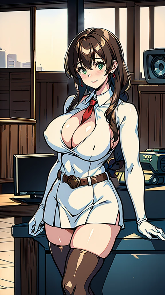 25-year-old wife,light brown hair,side braid,Smile,Large Breasts,cleavage,Sheer red sleeveless top,Leave space in the middle to reveal cleavage,Soaked all over,Blushing,green eyes,Female spy,Red miniskirt,White gloves,White hand sleeves,White boots,Science fiction,Future,Inside the combat robot warehouse,robot driver,There is a pistol on the back belt,No bangs,Wearing earrings only on one side,leather neck brace,There is a belt around the waist,computer room