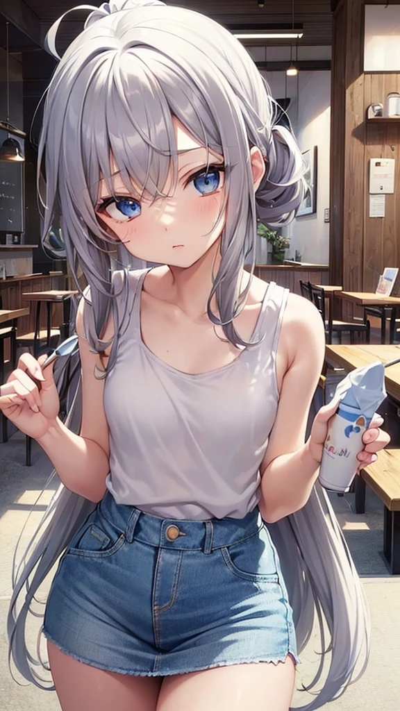 Drinking coffee at a cafe、Coffee and pancakes on the table、(watercolor,tegaki:1.4),(soft pastel colors:1.3),( blue eyes:1.1),BREAK,,(pastel white color palette:1.3),(pastel tank top:1.4),(mini skirt:1.3),(music score:1.1)、kawaii、rough toutch、Detailed expression、(age Girls、Beautiful eyes、Blue Eyes、Gray Hair、Curly Hair、slender、Small breasts、 legs、Inner thighs、Beautiful Skin、Perfect fingertips、8 heads、look away、during、Loli、ponytail