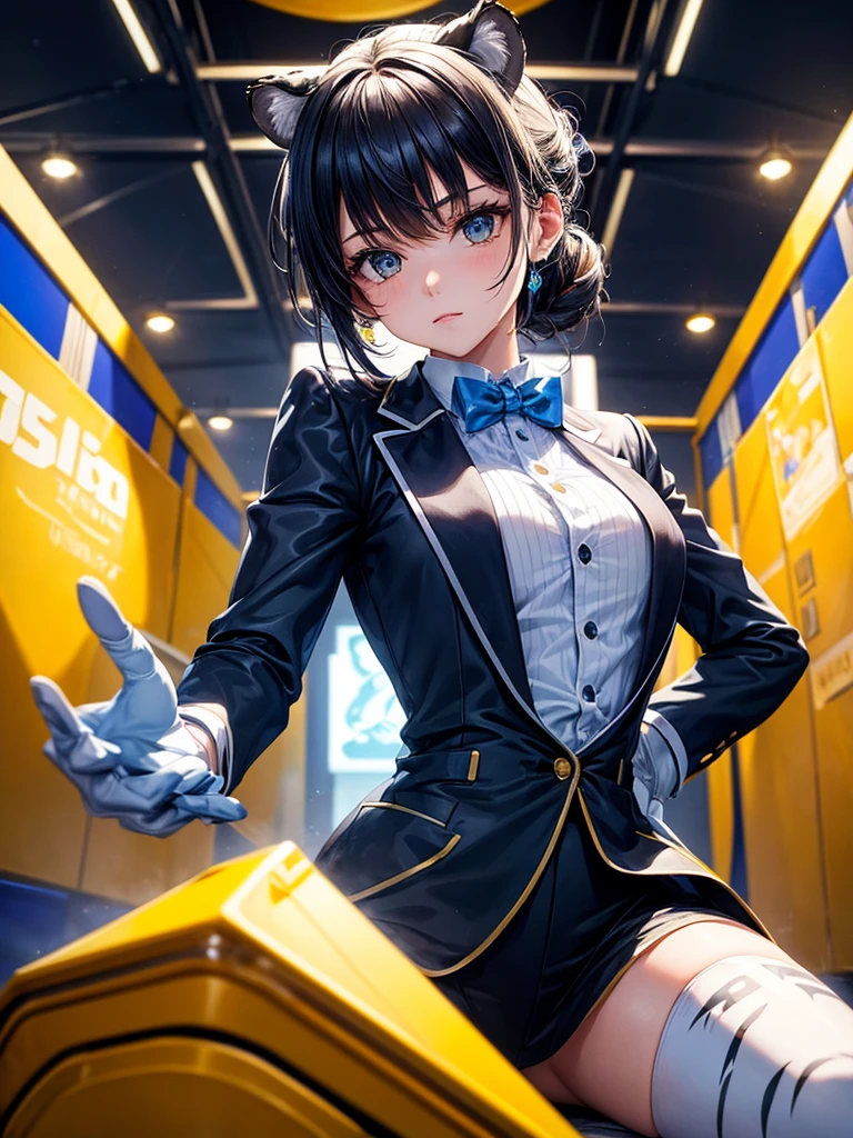 girl dressed in tuxedo and white gloves, INSIDE A CIRCUS, I ask a robotic tiger, well crafted composition, blue and yellow color palette