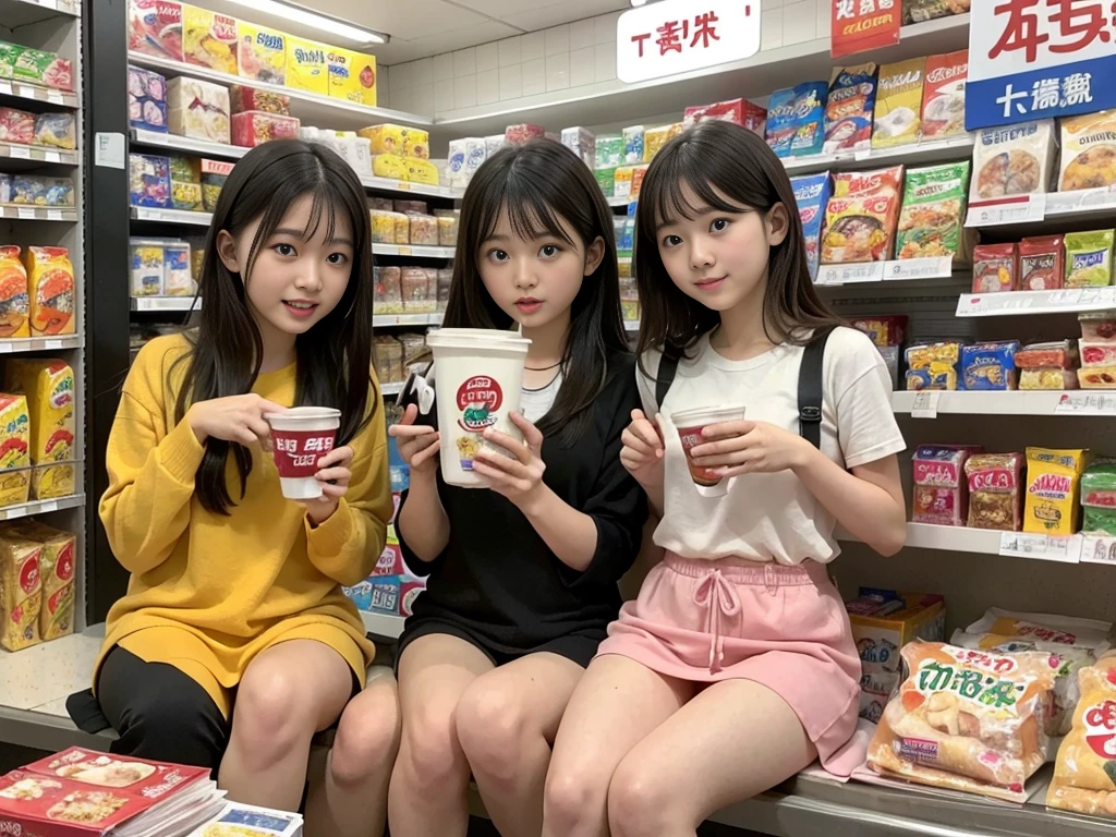 Slurping noodles , 6 girls ,Everyone is 27 years old Japan Urzan, Lawson's stuff, Inside a convenience store, Sitting,a person々It is overflowing with、High resolution, High quality, masutepiece、full house