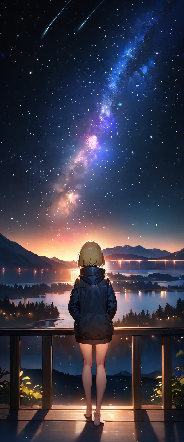 (((A meteor shower dancing in the night sky, countless stars twinkling in the clear air, a beautiful starry sky, the Milky Way shining beautifully in the night))), high collar, hands in pockets, looking up, mountain, wide shot, back shot, a girl, bob cut, bare legs, bare foot, blond hair, (best quality, 4K, 8K, highres, masterpiece:1.2, ultra-detailed, HDR, uhd, studio lighting, ultra-fine painting, sharp focus, physically-based rendering, extreme detail description, professional, vivid colors, bokeh)