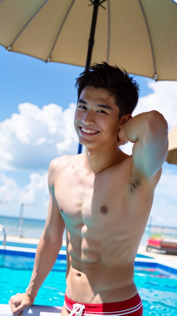 male Age 20 swimwear lifeguard topless smile