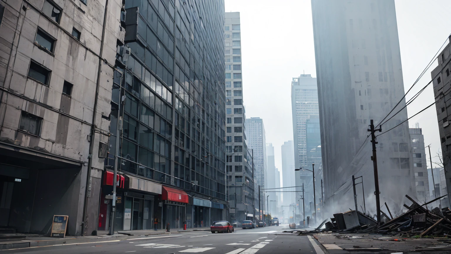 ash,Modern urban ruins , Gray tone,High-rise,Non-realistic,fragmented
