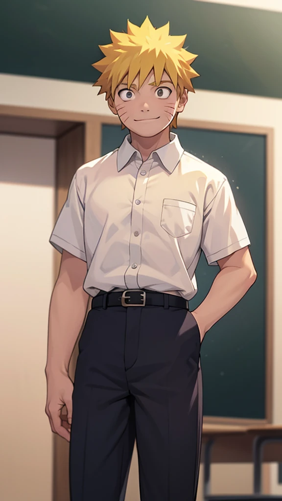 Naruto,1 boy,shy smile,black eyes,12 years old,white open collared shirt,Short sleeves,black slacks,belt,School zone,(detailed eyes),detailed skin,masterpiece