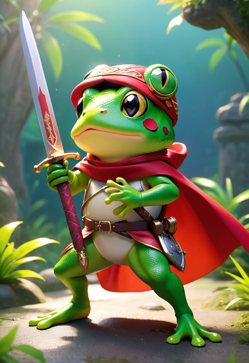 Esbian all over、Cool Frog、Pop Frog、Diorama、Simple Background、bandana、Holding a big sword in his hand、Brave、Cape、Best Quality, Capture the cutest moments, Depth of written boundary, Super detailed, Ultra-high resolution, Octadale, 8k, 16km race
