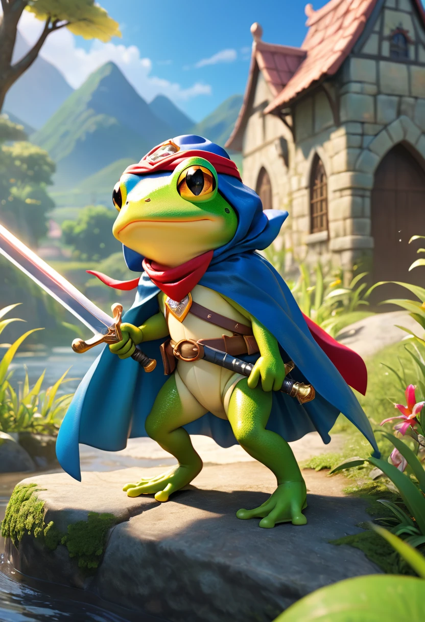 Esbian all over、Cool Frog、Pop Frog、Diorama、Simple Background、bandana、Holding a big sword in his hand、Brave、Cape、Best Quality, Capture the cutest moments, Depth of written boundary, Super detailed, Ultra-high resolution, Octadale, 8k, 16km race