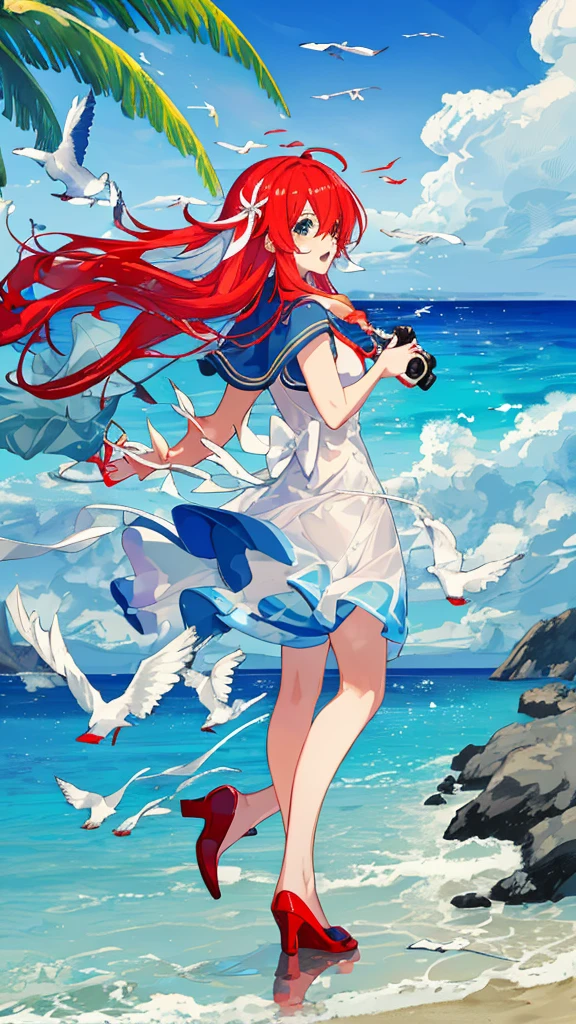 (best quality,4k,8k,highres,masterpiece:1.2),ultra-detailed),blue-sky,baiyun,Birds in the distance,the sea, red submarine in water, Expansive picture,Faraway view,landscape,ocean waves,peaceful,tranquil,fresh air,serene atmosphere,soft sunlight,subtle breeze,seagulls flying,scenic beauty,,vibrant colors,sky reflection on the sea surface,,no trees, no island,blue sky in the background,splendid beauty of nature,relaxing environment, full Background, no annoying character, get rid of the character, delete the character, kill the character, Background only, scenery only, red submarine, extreme detail, close up, beach shores, not too far from camera, close to camera, super close up, extremely super close up beach shores to camera, anime style