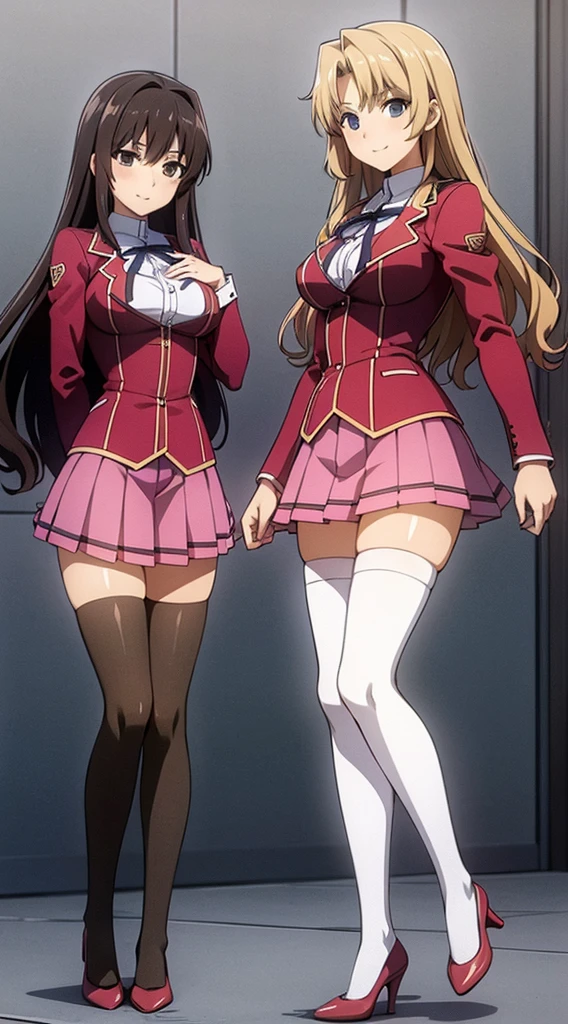 Masterpiece, high quality, 2girls, duo, identical twins, identical sisters, brown hair, curly hair, matching hairstyles, hazel eyes, medium sized bust, (school uniform, sexy school uniform, blazer, lace section, ribbon, rainbow short skirt, white thigh-high socks, black high heels, matching outfits), smile, flat_color, full body, seductive pose, duo pose