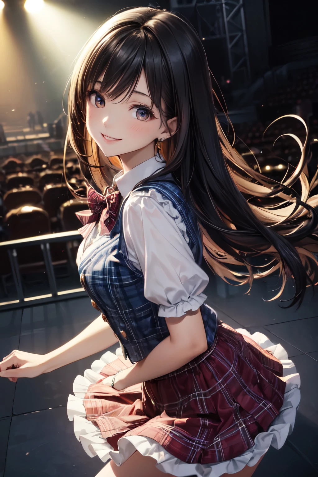 very cute and beautiful girl,(highly detailed beautiful face and eyes),(smile:1.2),happy,
black hair,looking at viewer,dancing,singing,beautiful legs,cowboy shot,
teen idol costume like AKB48,akiba idol with detailed frills,plaid vest,plaid blue mini skirt,
skirt fluttered in wind,live stage,concert hall,spot light,
(best quality,masterpiece),absurdres,highres,ultra-detailed,extremely detailed,32k,8k resolution,
intricate details,cinematic scene,detailed background,solo,dynamic angle,(realistic),perfect hands,