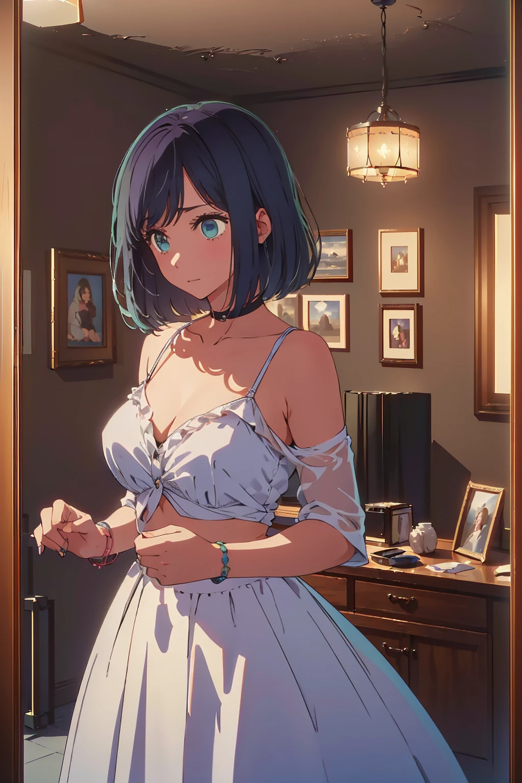 (Highest quality:1.4、masterpiece:1.4、Super detailed:1.4、8K:1.4)、((night、very dark room、A room without windows))、Mirror finish、Surprised expression、bikini、Big eyes、Very cute face)、F cup bust、Medium breast、Soft Breasts、