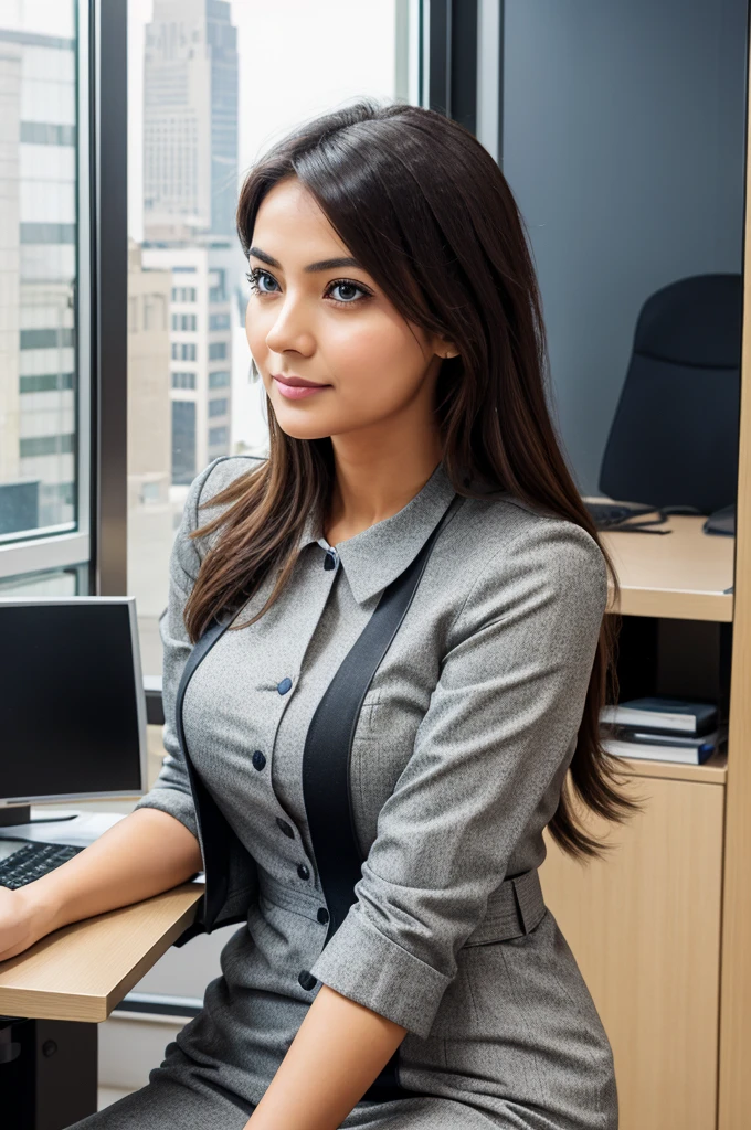 Create a image of lady in a office worker in the metropolitan building she is very shy and afarid to communicatw with men 