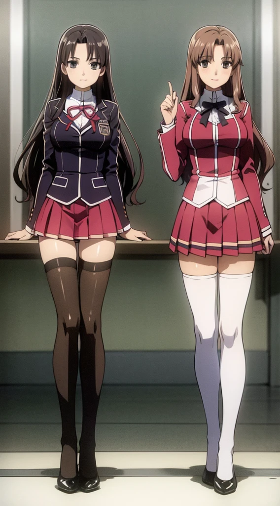 Masterpiece, high quality, 2girls, duo, identical twins, identical sisters, brown hair, curly hair, matching hairstyles, hazel eyes, medium sized bust, (school uniform, y school uniform, blazer, lace section, ribbon, rainbow short skirt, white thigh-high socks, black high heels, matching outfits), smile, flat_color, full body, seductive pose, duo pose