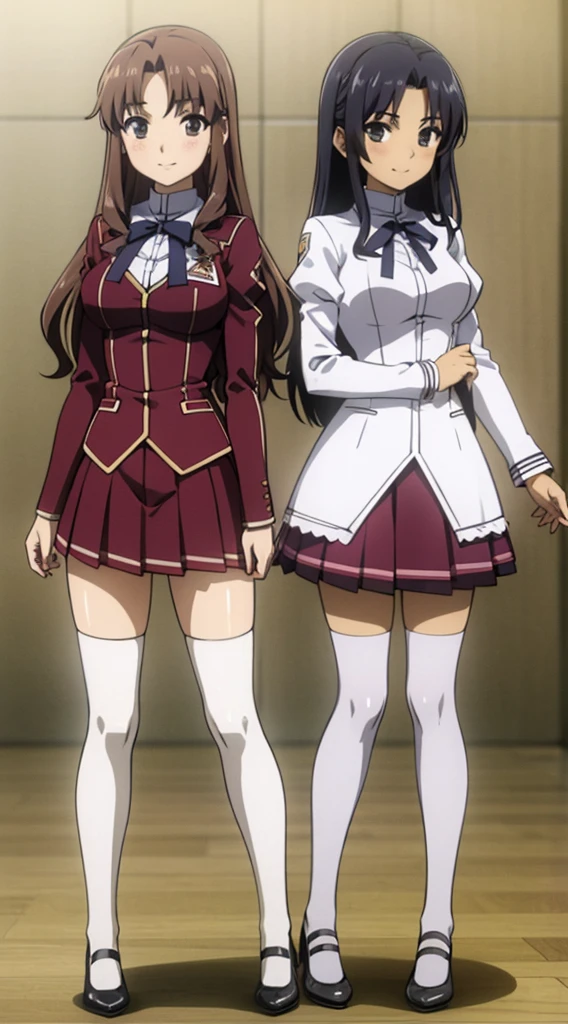 Masterpiece, high quality, 2girls, duo, identical twins, identical sisters, brown hair, curly hair, matching hairstyles, hazel eyes, medium sized bust, (school uniform, sexy school uniform, blazer, lace section, ribbon, rainbow short skirt, white thigh-high socks, black high heels, matching outfits), smile, flat_color, full body, seductive pose, duo pose