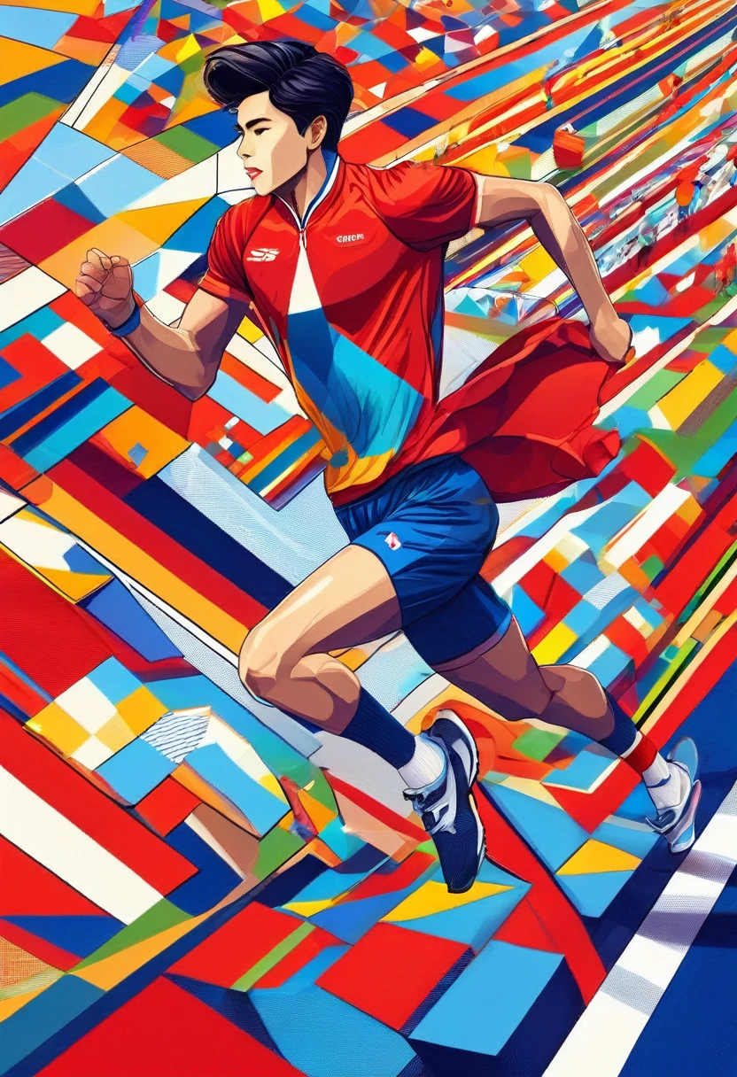 1 person, sock, sports shoes, Red shorts, Blue shirt,holding a torch，Olympic torch,geometry, Art, beautiful, rich and colorful, masterpiece, Top quality, best quality, official Art, beautiful and aesthetic, running, running track, track and field, bloom, track, Race, Asia, whole body.