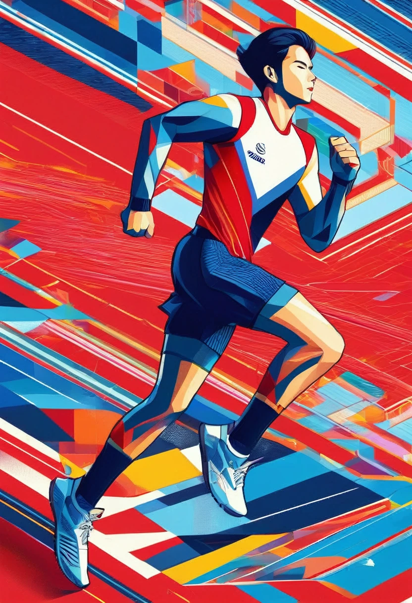 1 person, sock, sports shoes, Red shorts, Blue shirt,holding a torch，Olympic torch,geometry, Art, beautiful, rich and colorful, masterpiece, Top quality, best quality, official Art, beautiful and aesthetic, running, running track, track and field, bloom, track, Race, Asia, whole body.