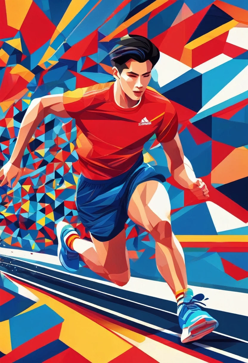 1 person, sock, sports shoes, Red shorts, Blue shirt,holding a torch，Olympic torch,geometry, Art, beautiful, rich and colorful, masterpiece, Top quality, best quality, official Art, beautiful and aesthetic, running, running track, track and field, bloom, track, Race, Asia, whole body.