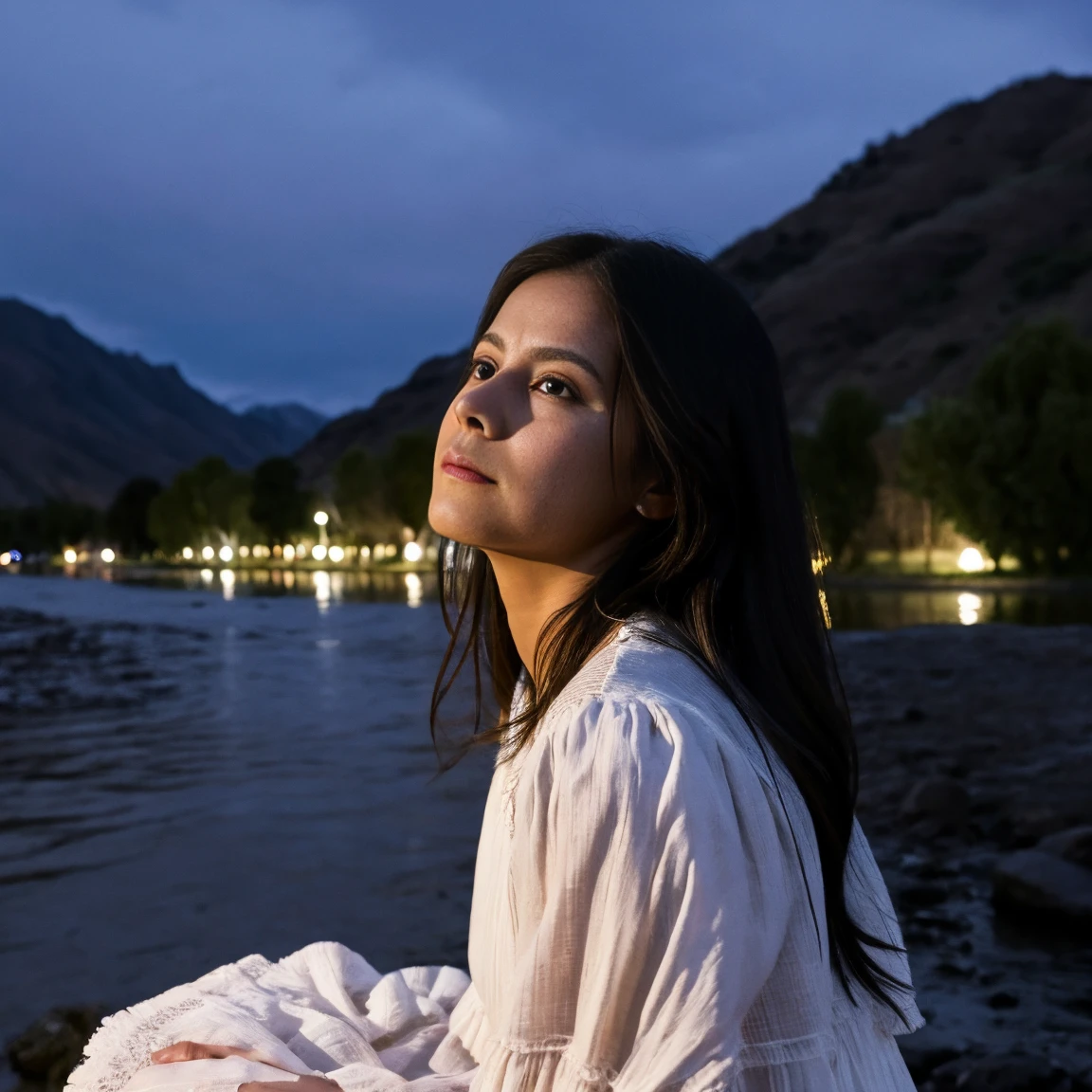 A depiction of La Llorona, the Mexican weeping woman, with a sorrowful face and tear-streaked cheeks. She is wearing a tattered white dress and is standing by a river or lake under a moonlit sky, with her hands outstretched in mourning.
