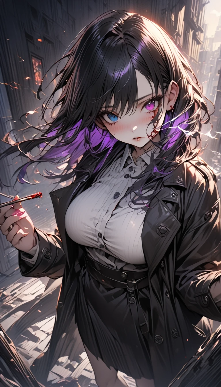 A beautiful anime girl with short,messy black hair featuring purple inner highlights,heterochromia eye,C-cup breasts,wearing a black trench coat,white shirt,black skirt,smoking a chigaratte,cold expression,a little blood in her face,detailed facial features,dramatic lighting,cinematic angle,vibrant colors,intricate background,highly detailed,masterpiece,photorealistic,dark style,full body