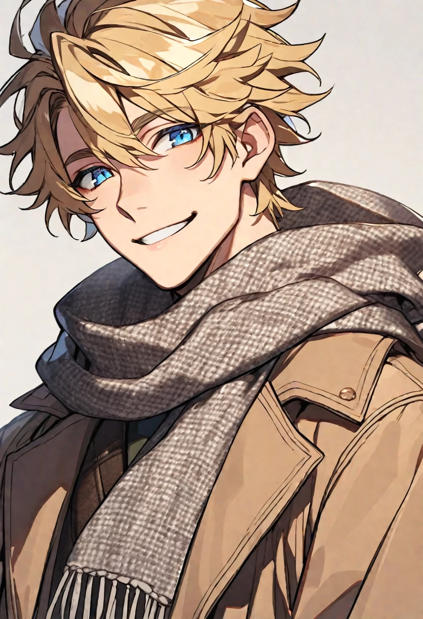Solo, male, blonde hair, blue eyes, brown fur coat, gray scarf, smile facial