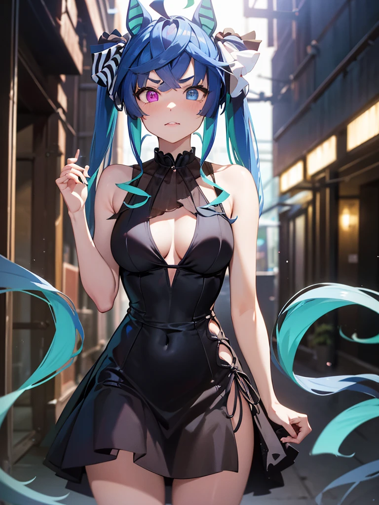 (Masterpiece, best quality, high res、highly detailed cg: 1), A scene titled "The Temptation of the Courtesan" depicts a woman of the night standing in a dimly lit alley. She wears a revealing dress, her posture is seductive, and her eyes are locked onto a potential customer passing by. The background is filled with the shadowy outlines of a bustling city nightlife, creating an atmosphere of illicit allure. Twin_Turbo_Umamusume, aqua hair, twintails, heterochromia, purple eyes, blue eyes, sharp teeth, flat chest, (hores tails), nsfw