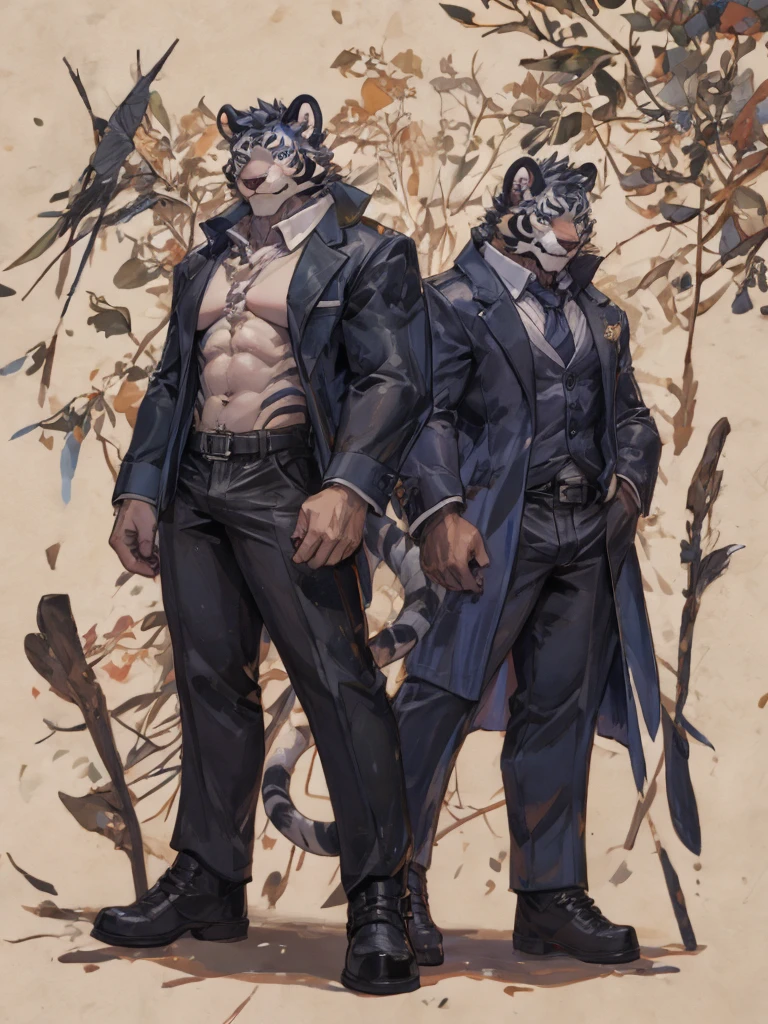 {{bara extremely handsome white tiger,}} {{white fur,}} white, wearing elegant ornate suit jacket, trousers, white dress shirt and necktie, white fluffy furry body and limbs, loafers, very tall, very broad shoulders, narrow waist, muscular arms, massive pecs, purple eyes, very long legs, massive bulge, sophisticated hot look, full body, 3/4 view, best quality, high quality, silver earring on left ear, sultry smirk, multiple views, character sheet