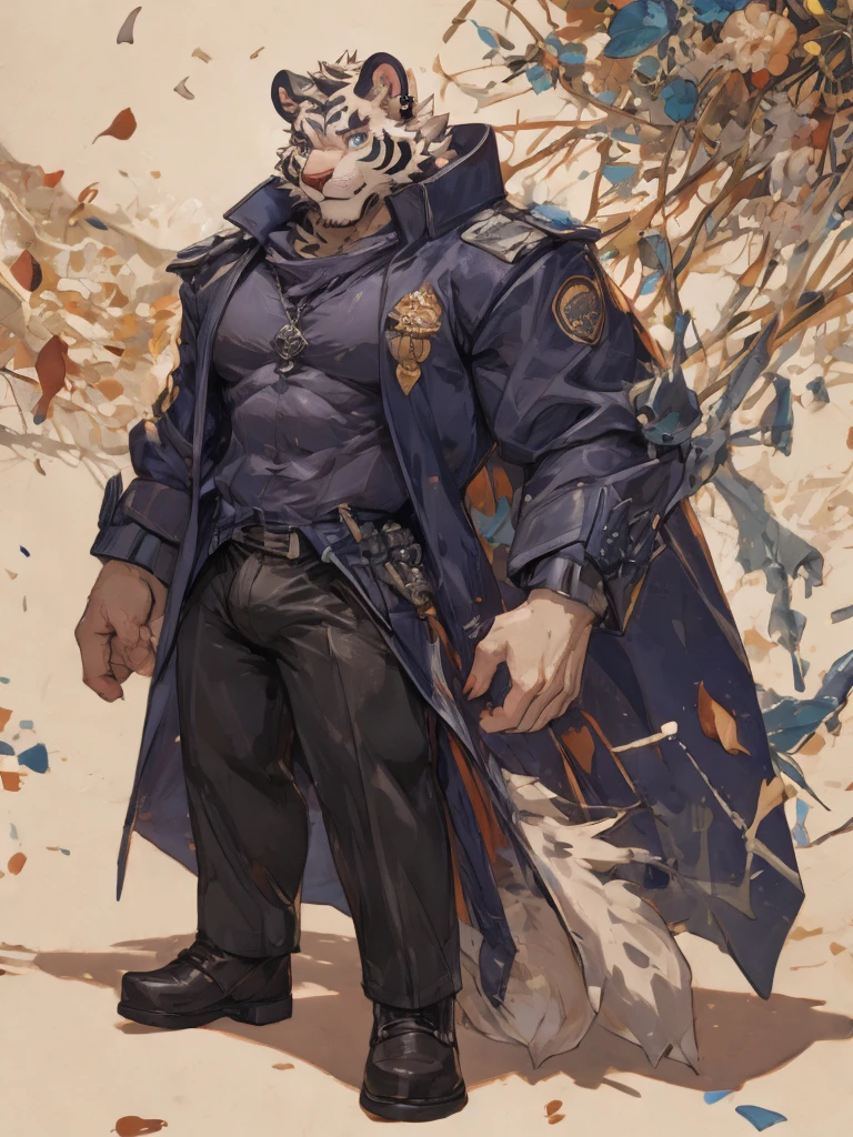{{bara extremely handsome white tiger,}} {{white fur,}} white, wearing elegant ornate suit jacket, trousers, white dress shirt and necktie, white fluffy furry body and limbs, loafers, very tall, very broad shoulders, narrow waist, muscular arms, massive pecs, purple eyes, very long legs, massive bulge, sophisticated hot look, full body, 3/4 view, best quality, high quality, silver earring on left ear, sultry smirk, multiple views, character sheet
