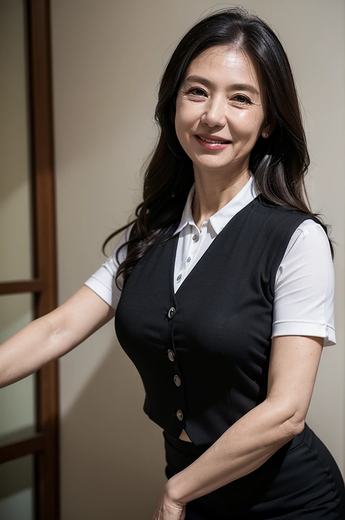 (masterpiece:1.4),(60-year-old woman:1.5),(Facial wrinkles : 1.2), (facing away : 1), cheerful smile, long hair, maternal, Mature Woman, office worker, (smooth fabric), (polyester black vest with button), black pencil skirt, white short sleeve shirt, (wide hips : 1.2), (focus on hips : 1.1), working, detailed backgrounds