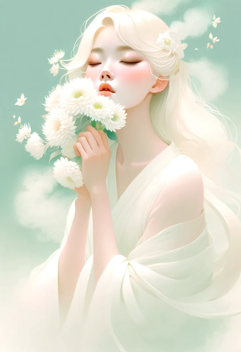 (mist:1.5),Soft space,Soft tones,dream,Hazy and mysterious,大量mist和白色小花覆盖,Modern illustration elements。Tranquility、Pure atmosphere,blond woman with white flowers covering her face and eyes, inspired by Hsiao-Ron Cheng, inspired by Yanjun Cheng, by Ayami Kojima, by Hsiao-Ron Cheng, by Yanjun Cheng, Guweiz, artwork in the style of Guweiz, by Eizan It's a gift, cake, james jean and wlop