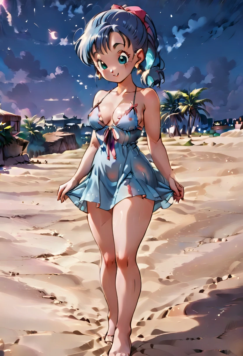 Bulma, 1girl, Blue hair, pink night gown, bare foot, beautiful female body, beautiful breasts, no underclothing, background: beach